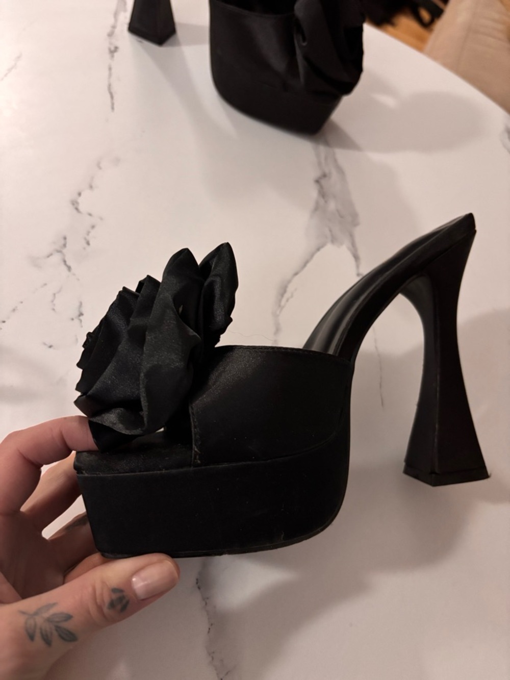 PrettyLittleThing Black Satin Platform Mule with Floral Accent